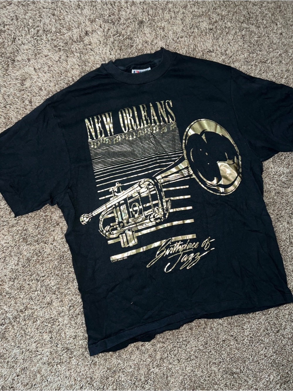 Vintage Hanes Cotton 80’s Single Stitch T‑Shirt Black Gold New Orleans Trumpet M